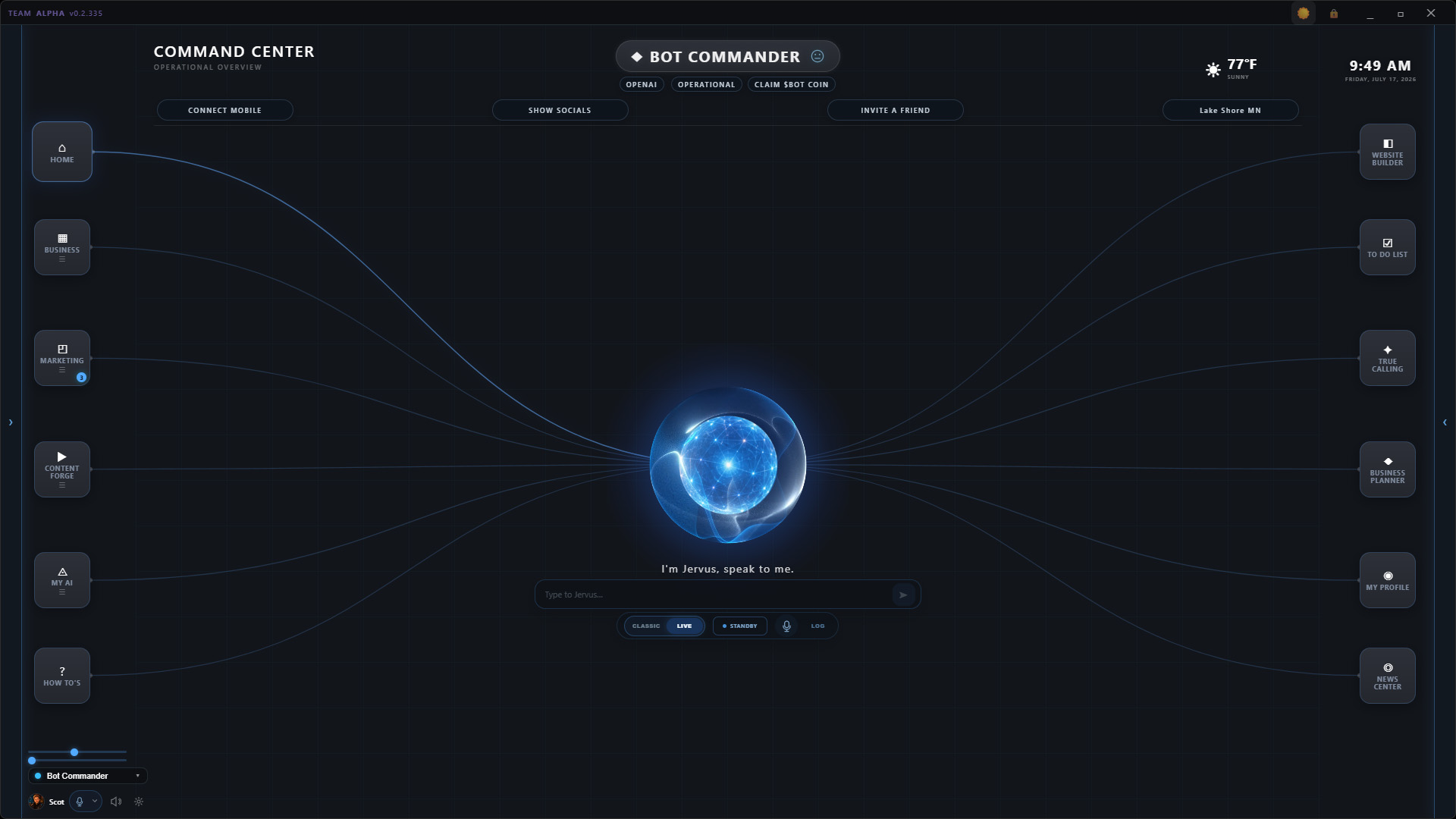 Bot Commander Command Center in Dark Theme