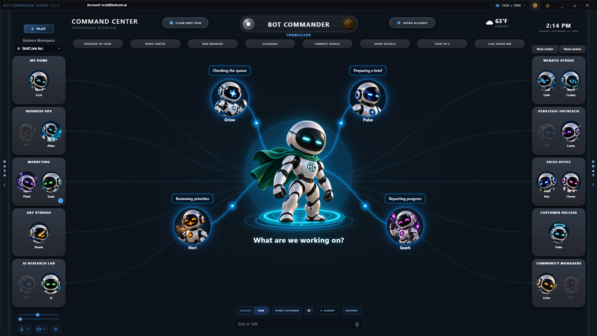 Bot Commander Command Center with the new robot-themed UI and four visiting AI agents